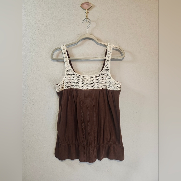 Decree Women's Potting Soil Brown Crochet Cotton Stretch Tank Top Size Large NWT - Picture 2 of 7